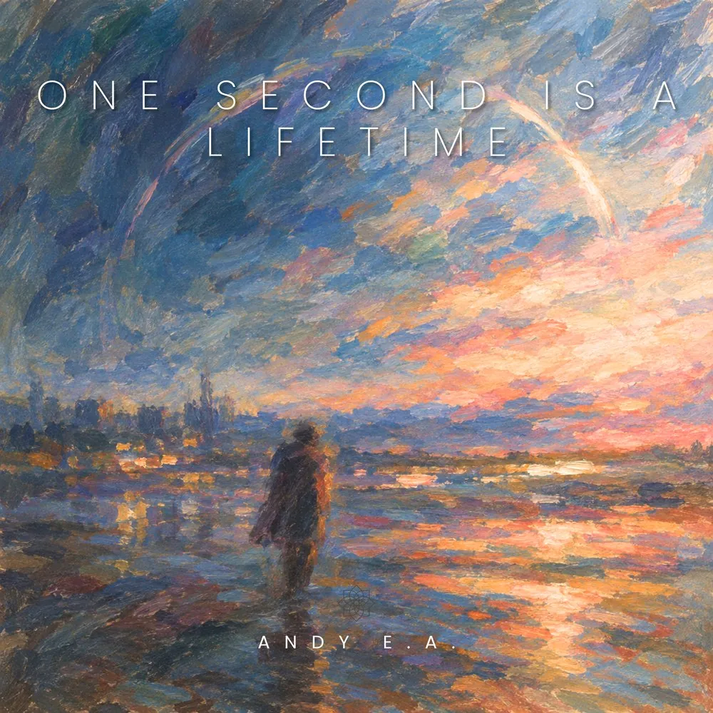 One Second is a Lifetime cover: a painting of a figure walking on the water at sunset, under an arc of light.